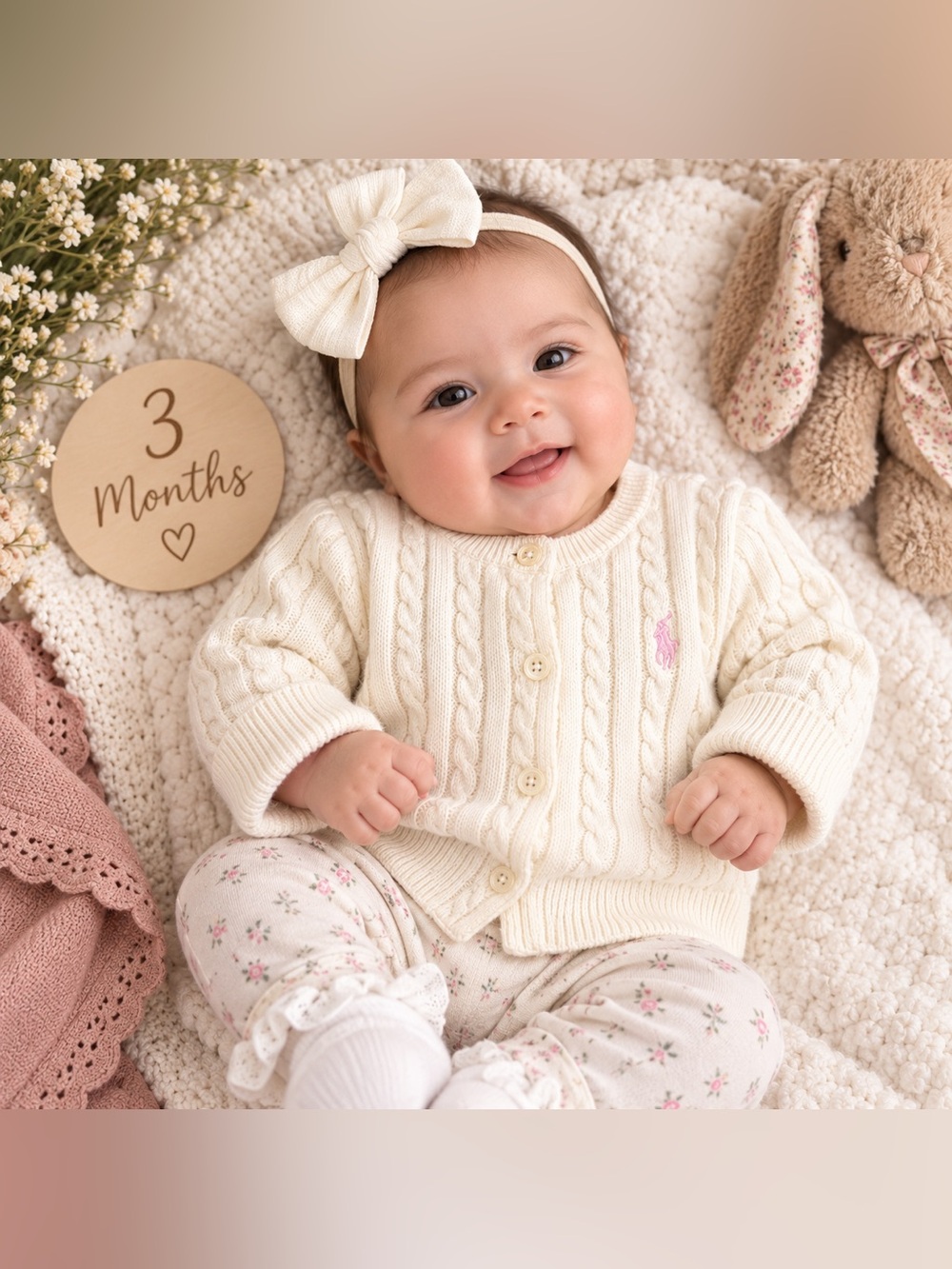 Ralph Lauren Ivory Cable-Knit Baby Cardigan with Pink Pony